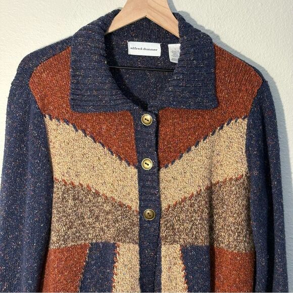 Alfred Dunner Blue and Brown Geometric Color Block Women’s L 3 Button Cardigan. - Picture 4 of 9